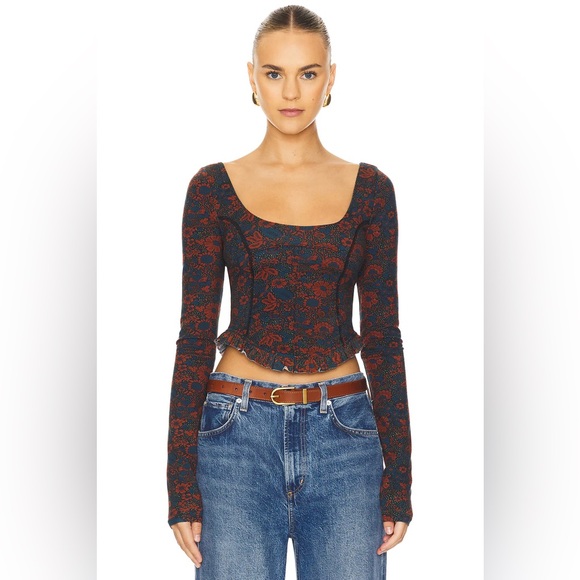 Free People Tops - Free People Floral Long Sleeve Crop Top Cross Back Straps Size women’s small